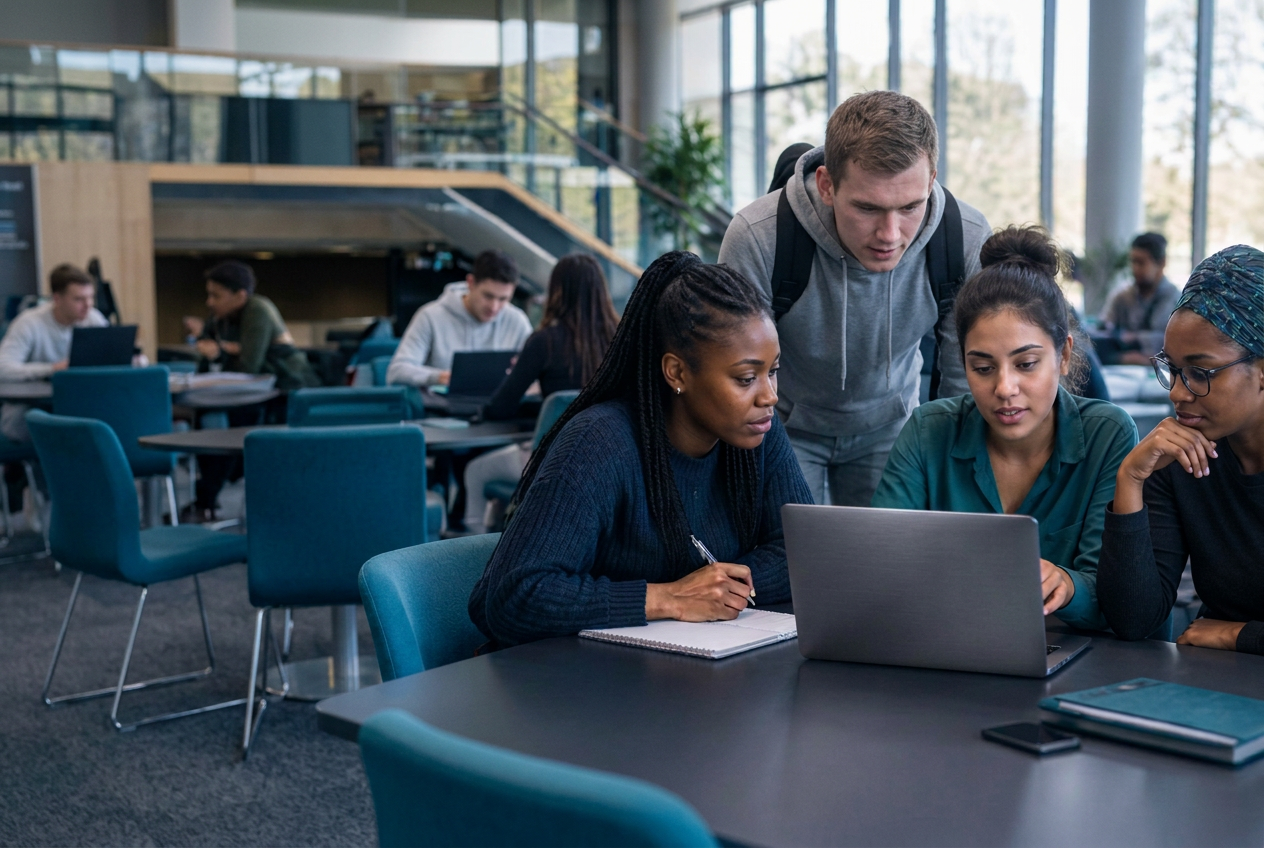 A group of students collaborating around a laptop in a campus learning space